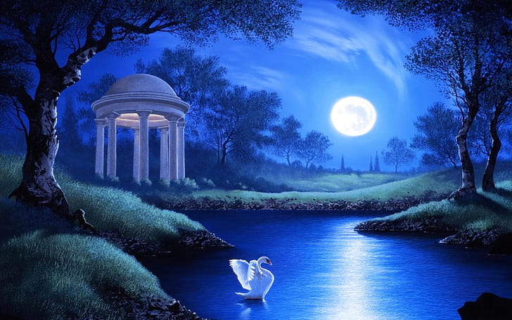 Artistic, Night, Blue, Fantasy, Garden, Gazebo, Lake, Moon, Swan, HD wallpaper