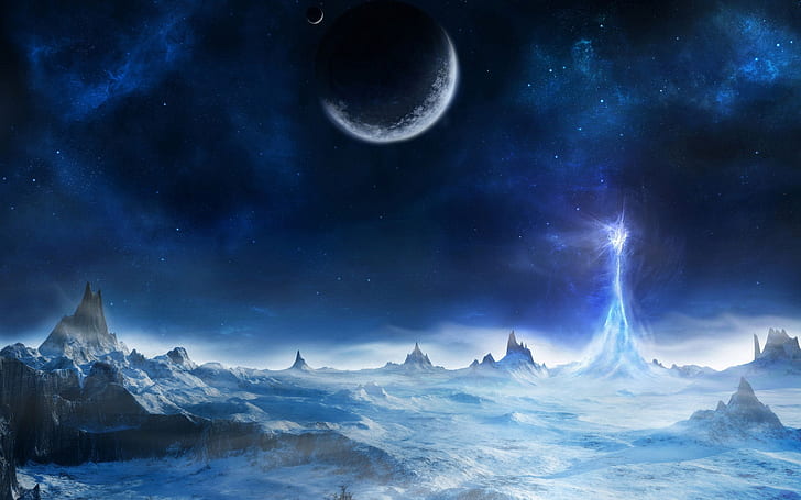 Notte di inverno di fantasia, spo d'acqua sotto l'illustrazione del cielo blu e nero, neve, montagna, luna, stelle, fondo, Sfondo HD