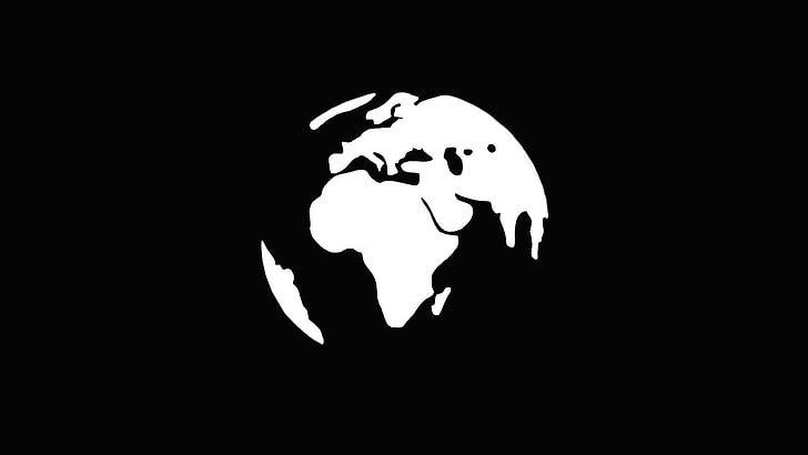 black and white earth illustration, globe outline in black background, world, minimalism, simple, black, white, continents, Africa, Europe, globes, Earth, black background, Asia, South America, map, HD wallpaper