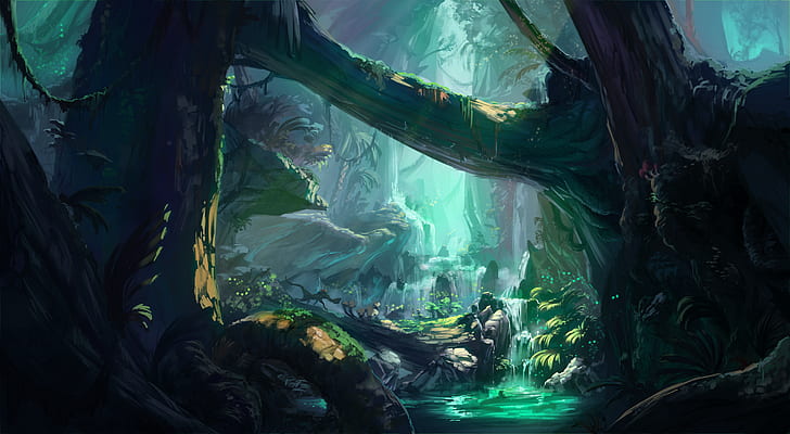 лес, древний, Monster Hunter: мир, фэнтези-арт, деревья, водопад, река, окружающая среда, существо, журнал, видеоигры, видеоигры, иллюстрации, рисование, 2D, иллюстрация, цифровое искусство, фан-арт, cutesexyrobutts, HD обои