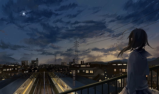 anime menina, cidade, noite, nuvens, vista traseira, uniforme escolar, anime, HD papel de parede HD wallpaper