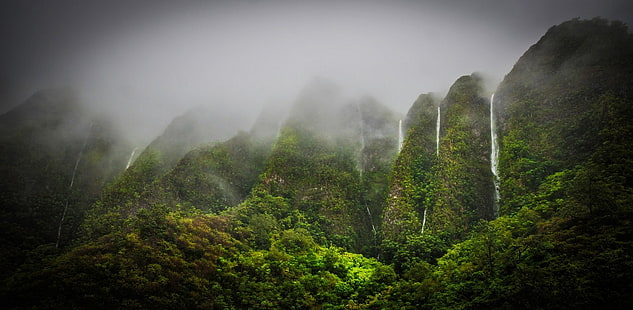 montanhas verdes, natureza, paisagem, oahu, havaí, floresta tropical, névoa, cachoeira, montanhas, HD papel de parede HD wallpaper