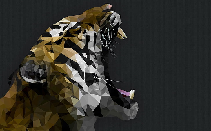 tiger mosaic artwork, tiger, gray background, animals, low poly, digital art, artwork, HD wallpaper
