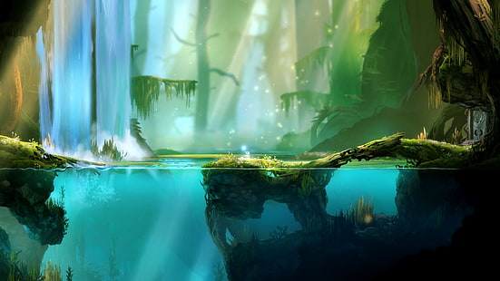 forest wallpaper, forest and body of water during daytime illustration, digital art, video games, water, trees, underwater, sunlight, rock, mist, fantasy art, swamp, split view, roots, forest, Ori and the Blind Forest, waterfall, HD wallpaper HD wallpaper
