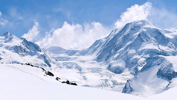 заснежена планина, зима, сняг, планини, HD тапет