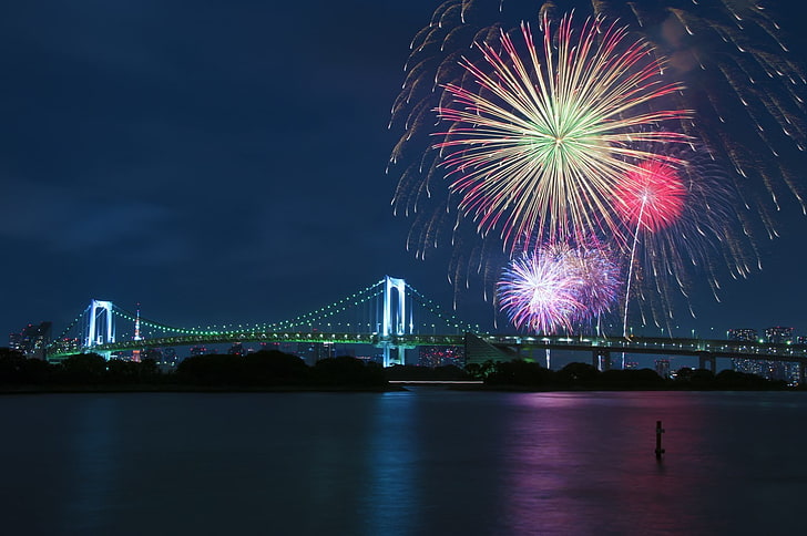 Boshporus Bridge, Turkey, fireworks, bridge, Rainbow Bridge, Tokyo, Japan, HD wallpaper