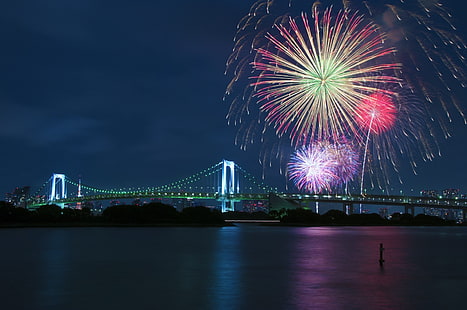 Boshporus Bridge, Turchia, fuochi d'artificio, ponte, Rainbow Bridge, Tokyo, Giappone, Sfondo HD HD wallpaper