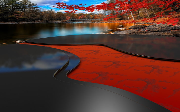 rote Bäume, Landschaft, rote Blätter, Fall, Fluss, Brücke, HD-Hintergrundbild