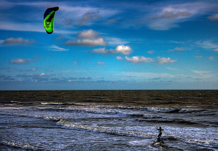 clouds, kite surfer, sea, theme patterns, waves, HD wallpaper