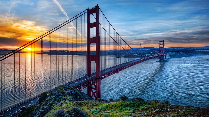 ゴールデンゲートブリッジ、サンフランシスコ、HDR、橋、夕日、海、ゴールデンゲートブリッジ、アメリカ、空、 HDデスクトップの壁紙