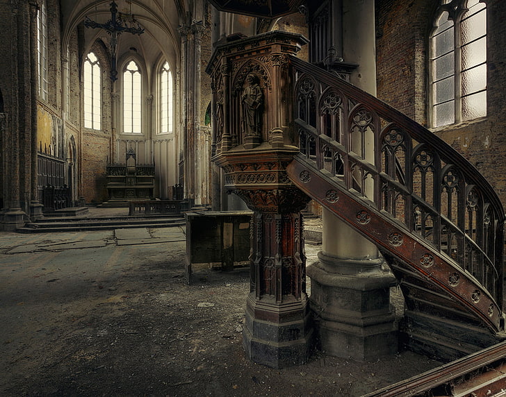 building, abandoned, interior, cross, church, staircase, ancient, wood, Christianity, saint, HD wallpaper