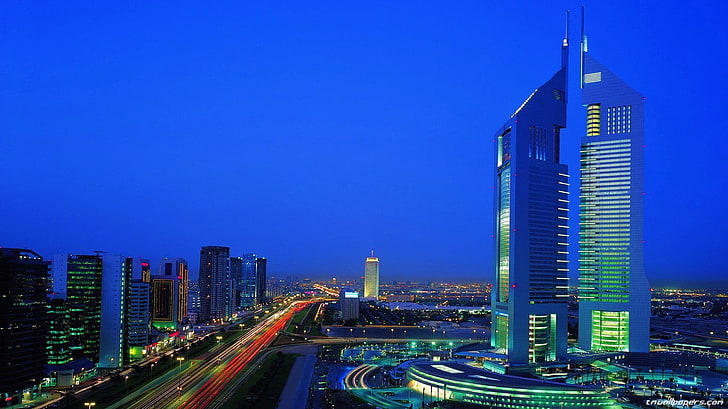 อาคารในเมือง, ทิวทัศน์ของเมือง, การเปิดรับแสงเป็นเวลานาน, อาคาร, โรงแรม Emirates Towers, วอลล์เปเปอร์ HD