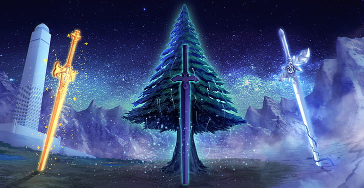 Sword Art Online, Sword Art Online: Alicization, Gece, Kılıç, Kule, Ağaç, HD masaüstü duvar kağıdı