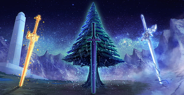 Sword Art Online, Sword Art Online: Alicization, Night, Sword, Tower, Tree, Sfondo HD HD wallpaper