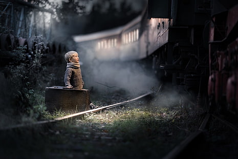 Фотография, Ребенок, Мальчик, Маленький мальчик, Ночь, Чемодан, Поезд, HD обои HD wallpaper