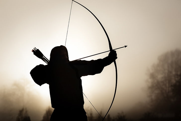 silhouette photo of archer, background, bow, arrows, Archer, HD wallpaper