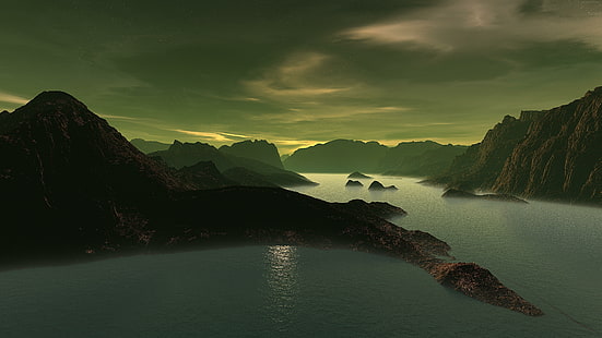 8k uhd, Landschaft, Dunkelheit, bewölkt, neblig, Fjord, 8k, Nebel, HD-Hintergrundbild HD wallpaper