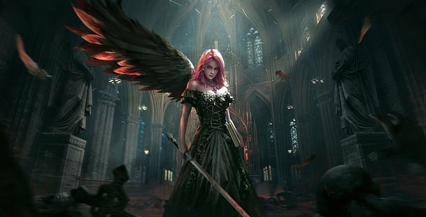 Fantasy, Angel Warrior, Angel, Cathedral, Church, Dark, Fallen Angel, Girl, Pink Hair, Sword, Wings, Woman, HD tapet HD wallpaper