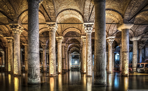Palazzo sommerso o Cisterna Basilica Istanbul, ..., pali in cemento marrone, Europa, Turchia, Sfondo HD HD wallpaper
