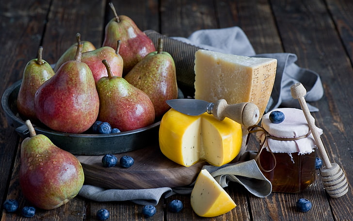 yellow and black plastic toy, food, lunch, photography, colorful, pears, cheese, honey, wooden surface, blueberries, fruit, HD wallpaper