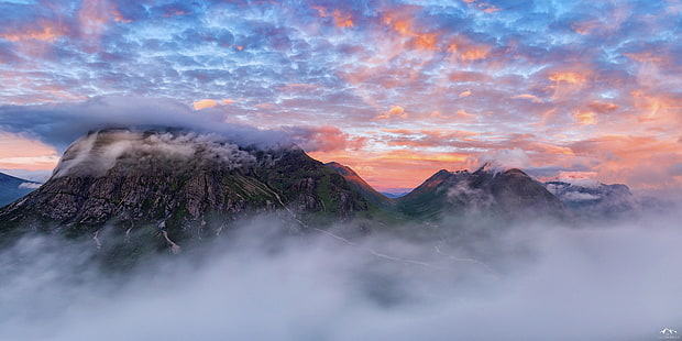 time lapse and HDR photography of mountain peak covered with clouds and fogs, Ceò, time lapse, HDR photography, covered, clouds, fogs, Scotland, West Highlands, Glencoe, Dawn, Mist, Buachaille Etive Mor, Buachaille Etive Beag, Beinn a'Chrulaiste, Landscape, Canon 6D, 35mm, f4, USM, mountain, nature, mountain Peak, scenics, sunset, outdoors, fog, travel, cloud - Sky, beauty In Nature, sunrise - Dawn, sky, forest, tourism, HD wallpaper HD wallpaper