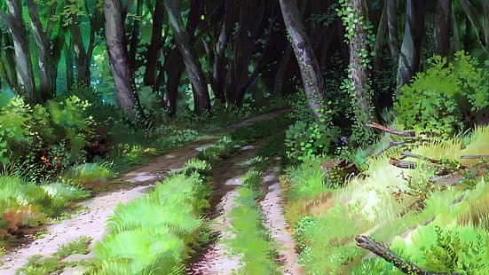Spirited Away, filmy animowane, anime, animacja, fotosy filmowe, Studio Ghibli, Hayao Miyazaki, las, drzewa, ścieżka, trawa, Tapety HD HD wallpaper