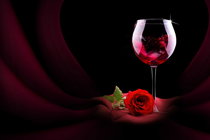прозрачна чаша за вино, цвете, вино, чаша, роза, червено, HD тапет