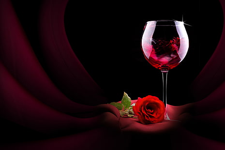 clear wine glass, flower, wine, glass, rose, red, HD wallpaper HD wallpaper