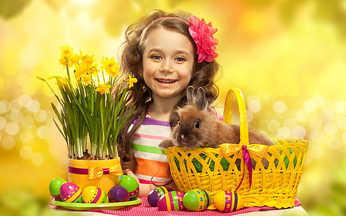 Easter eggs, cute girl, rabbit, flowers, Easter, Eggs, Cute, Girl, Rabbit, Flowers, HD wallpaper HD wallpaper