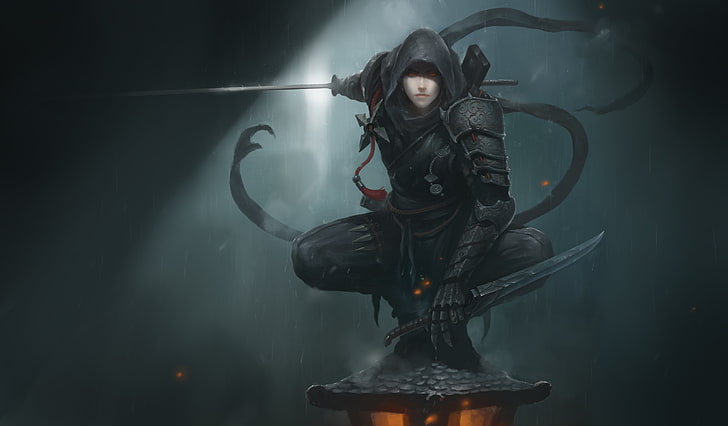 man in black hoodie illustration, untitled, fantasy art, ninjas, Ninja, digital art, sword, red eyes, HD wallpaper