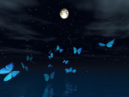 BLAUE SCHMETTERLINGE MONDSCHMETTERLINGE Tiere Schmetterlinge HD Kunst, blau, Nacht, Himmel, Reflexion, Schmetterlinge, Mondschein, HD-Hintergrundbild HD wallpaper