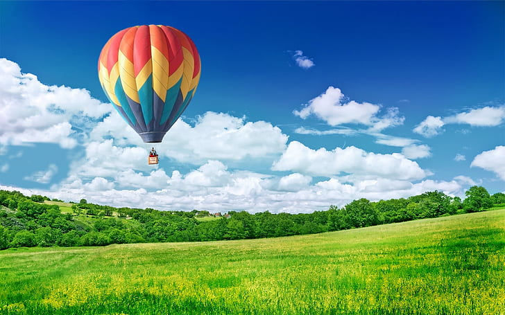 Балон в небе, червен жълт и син балон с горещ въздух, балон, HD тапет