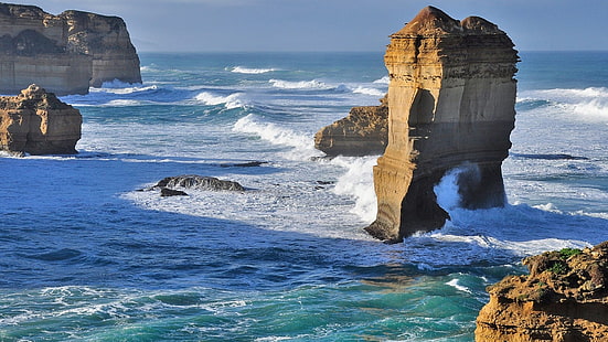 brown stone cliff, nature, landscape, sea, beach, rock, coast, HD wallpaper HD wallpaper
