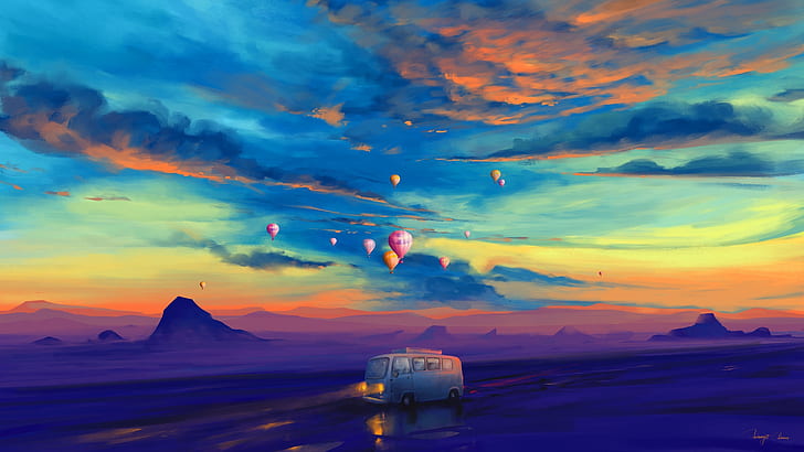 BisBiswas, ballon, montgolfières, montagnes, transport, nuit, soirée, nuages, illustration, peinture, Fond d'écran HD