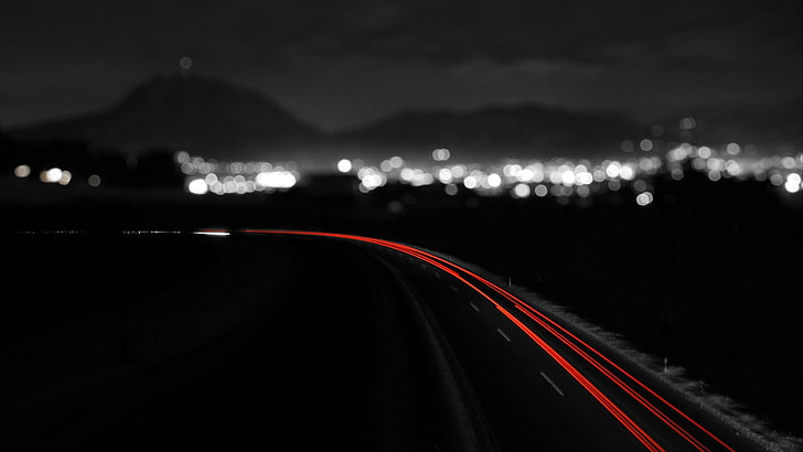 time lapse photo of highway in bokeh, long exposure, road, monochrome, selective coloring, bokeh, light trails, night, lights, HD wallpaper