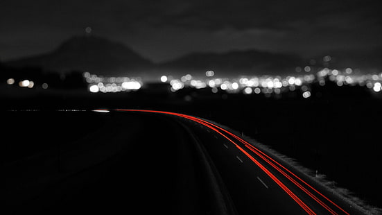 time lapse photo of highway in bokeh, long exposure, road, monochrome, selective coloring, bokeh, light trails, night, lights, HD wallpaper HD wallpaper