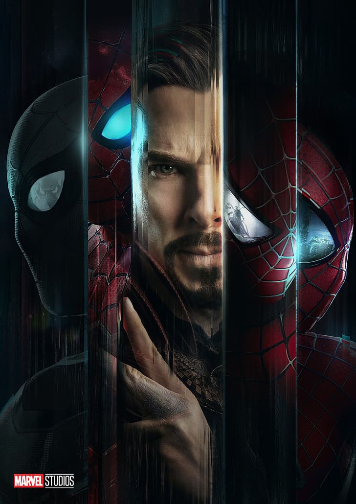 Spider-Man: No Way Home, Mizuri AU, Doctor Strange, Peter Parker, Tom Holland, Tobey Maguire, Andrew Garfield, Spider-Man, Marvel Comics, movie characters, mask, spider, wizard, Marvel Super Heroes, suits, beard, Black suited Spiderman, movies, HD wallpaper