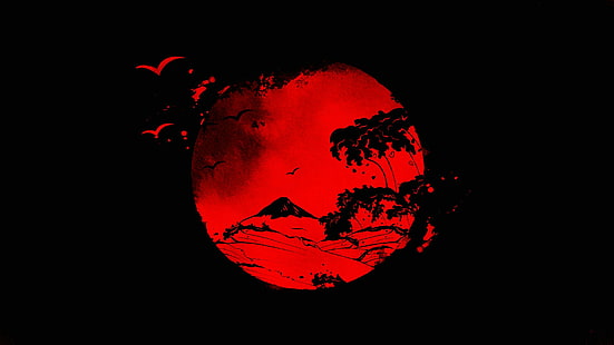 ภาพประกอบพระจันทร์สีแดง, ญี่ปุ่น, ดวงอาทิตย์, ภาพวาด, นางฟ้า, วอลล์เปเปอร์ HD HD wallpaper