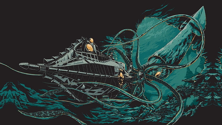 giant squid attacking vessel illustration, digital art, illustration, 20000 Leagues Under the Sea, Jules Verne, underwater, sea, drawing, octopus, sea monsters, submarine, black background, HD wallpaper