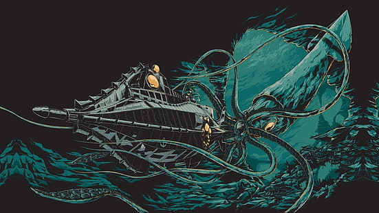 гигантски калмар атакуващ кораб илюстрация, цифрово изкуство, илюстрация, 20000 Лиги под морето, Жул Верн, под вода, море, рисунка, октопод, морски чудовища, подводница, черен фон, HD тапет HD wallpaper