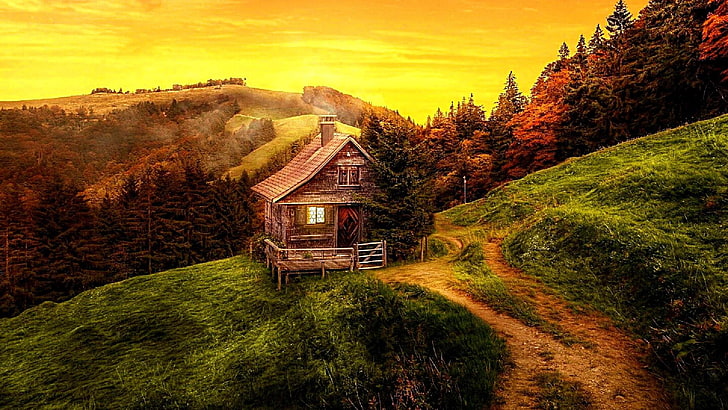 top of the hill, cottage, landscape, nature, sunset, amazing, hillside, HD wallpaper