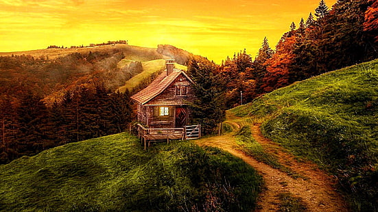 cima de la colina, cabaña, paisaje, naturaleza, puesta de sol, increíble, ladera, Fondo de pantalla HD HD wallpaper
