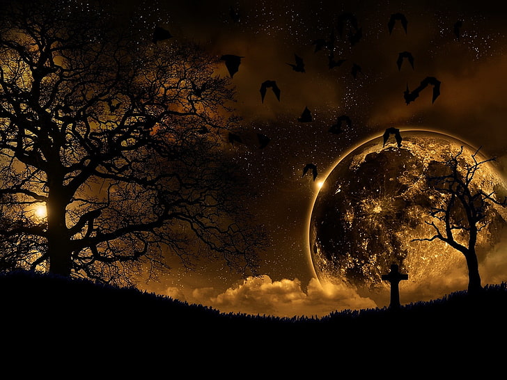 Abstraktion, Fledermäuse, Friedhöfe, Mond, Nacht, HD-Hintergrundbild