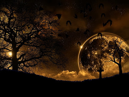 streszczenie, nietoperze, cmentarze, księżyc, noc, Tapety HD HD wallpaper
