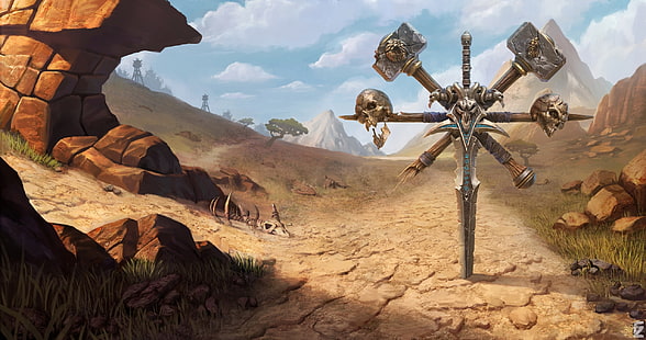 меч, World of Warcraft, игра, пустиня, черепи, планини, оръжия, дигитално изкуство, произведения на изкуството, фентъзи изкуство, Blizzard Entertainment, скелет, чук, Warcraft 3 Reforged, World of Warcraft 3: Reforged, HD тапет HD wallpaper