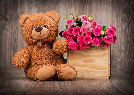 peluche orso bruno, cestino, rose, mazzo di fiori, orso, rosa, fiori, romantico, con amore, orsacchiotto, Sfondo HD HD wallpaper