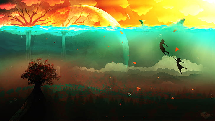 اللوحة تحلق أشجار سريالية الغيوم فقاعات الأسماك البحر يترك العمل الفني تحت الماء، خلفية HD