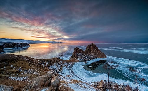 зима, закат, берег, лёд, Сибирь, озеро Байкал, остров Ольхон, HD обои HD wallpaper