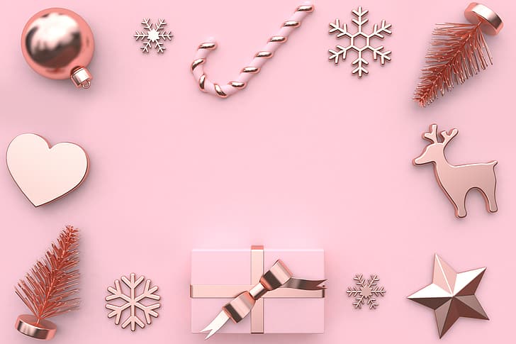 dekorasi, latar belakang, merah muda, bola, Tahun Baru, Natal, hadiah, xmas, Selamat, Wallpaper HD