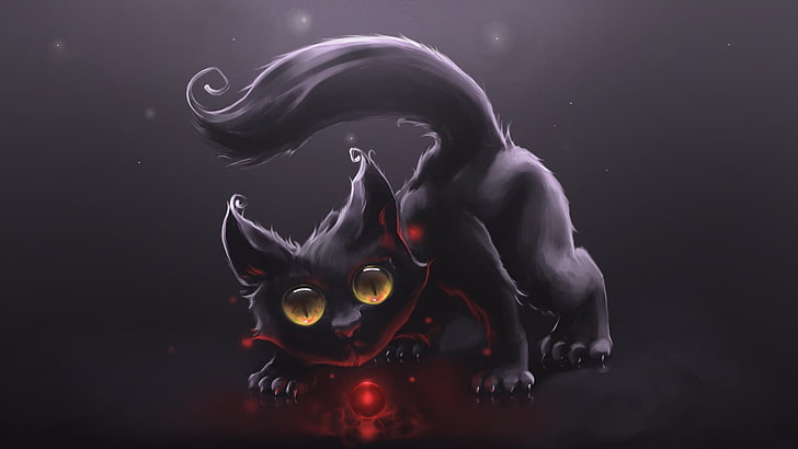 black kitten illustration, cat, cats, interest, caution, ball, HD wallpaper